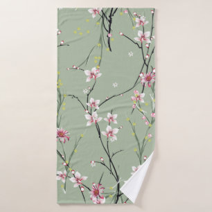 red and yellow small flower pattern on green backg bath towel