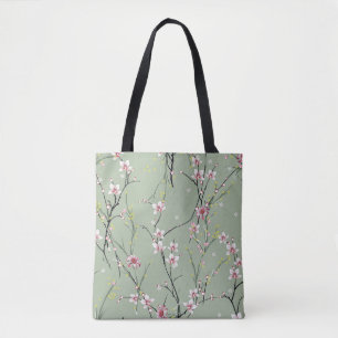 red and yellow small flower pattern on green backg tote bag