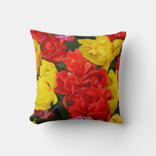 Red and yellow spring tulips cushion