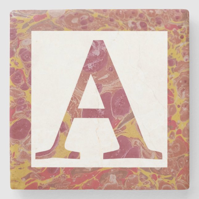 Red and Yellow Stone Marbled Monogram A Stone Coaster (Front)
