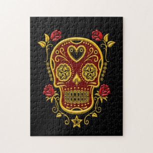 Red and Yellow Sugar Skull with Roses on Black Jigsaw Puzzle