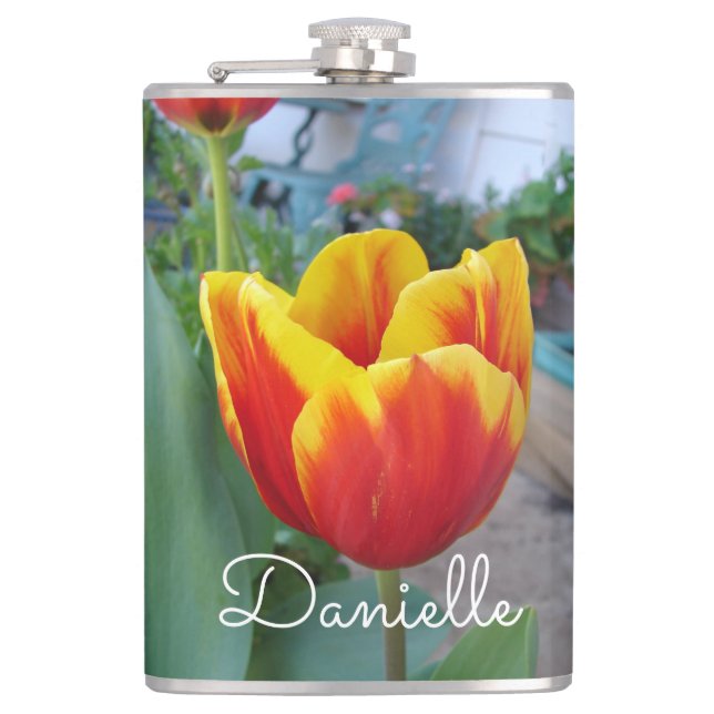 Red and Yellow Tulip floral Garden Photo Hip Flask (Front)