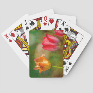 Red and yellow tulips on textured background playing cards