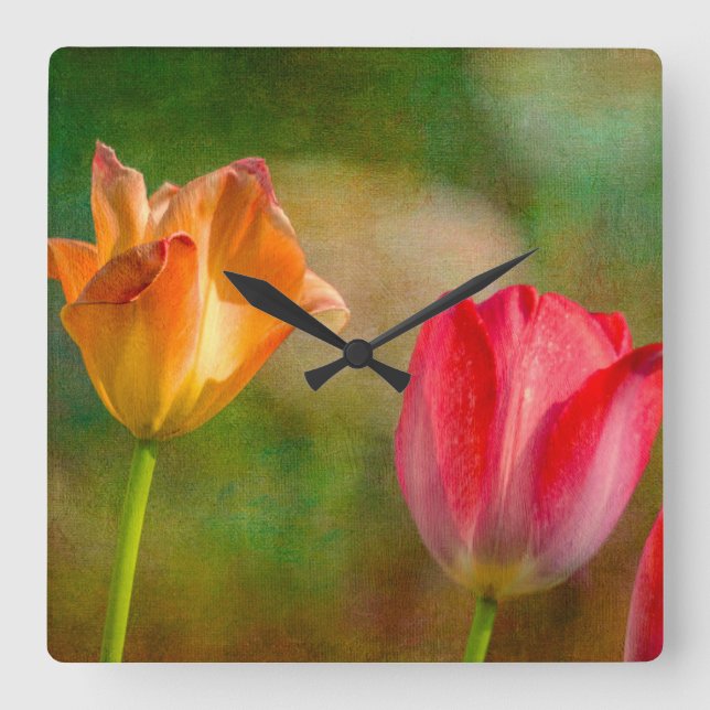 Red and yellow tulips on textured background square wall clock (Front)