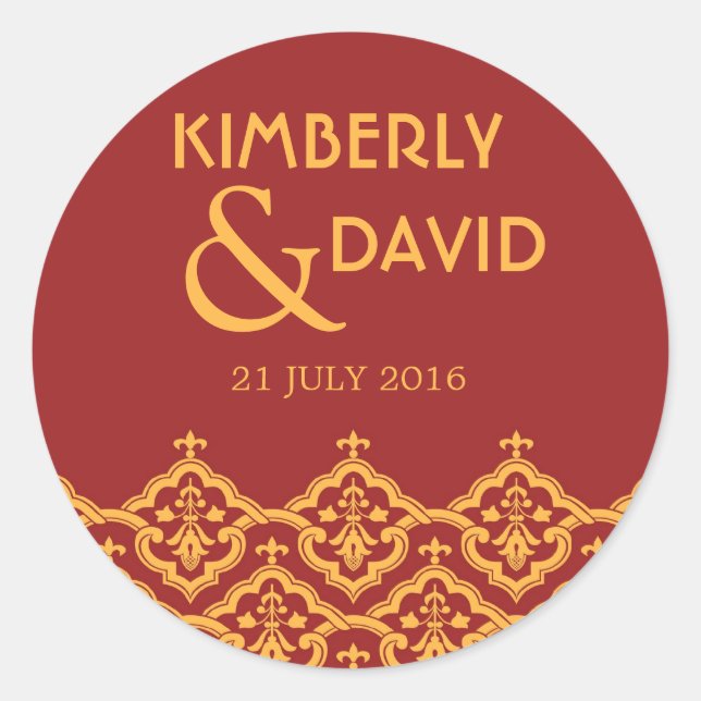 Red and Yellow Vintage Damask Wedding Label (Front)