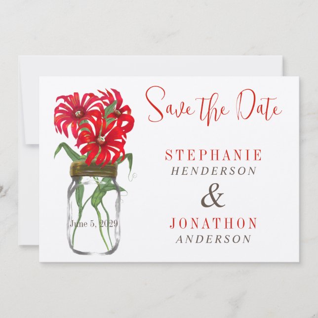 Red Andes Mountain Wildflower Mason Jar Wedding Invitation (Front)