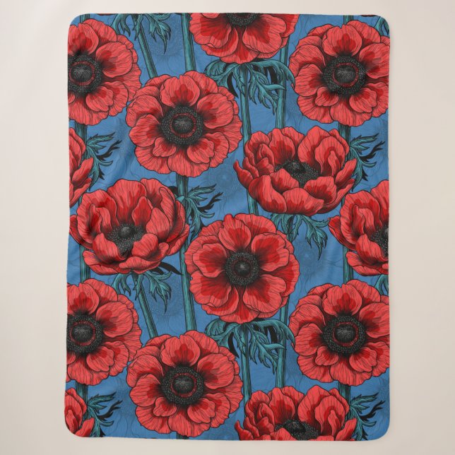 Red anemone garden sherpa blanket (Front)