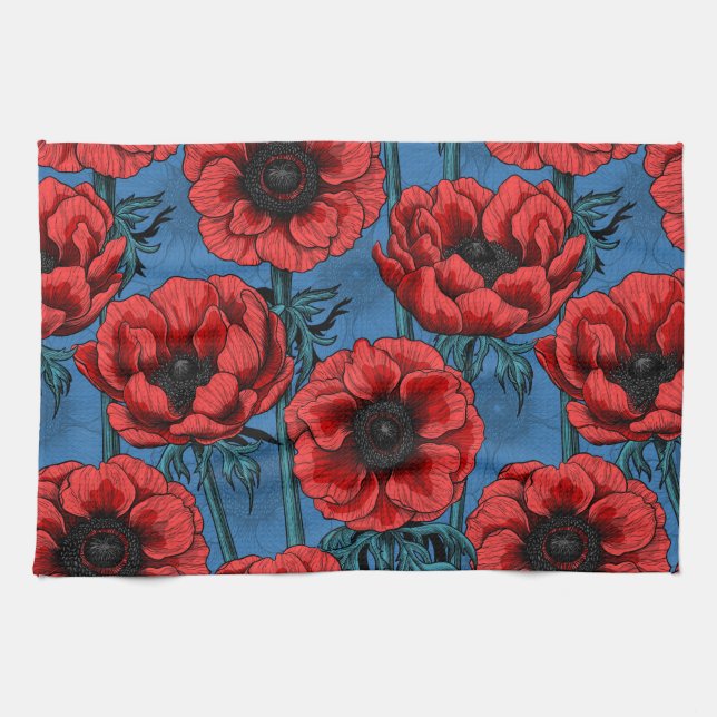 Red anemone garden tea towel (Horizontal)