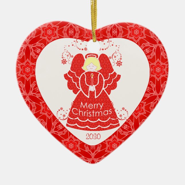 Red Angel Christmas Heart Ceramic Tree Decoration (Front)