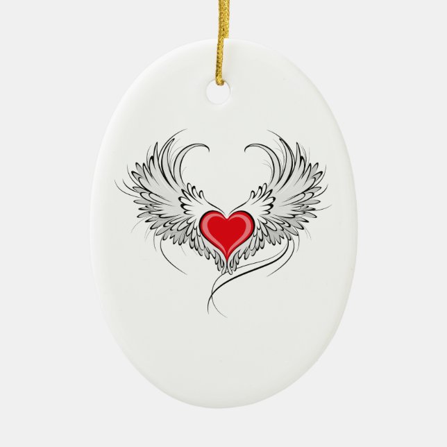 Red Angel Heart with wings Ceramic Tree Decoration (Front)