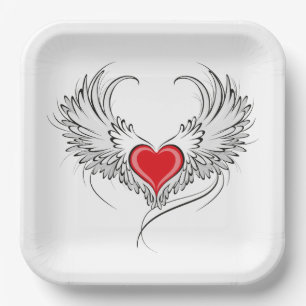 Red Angel Heart with wings Paper Plate