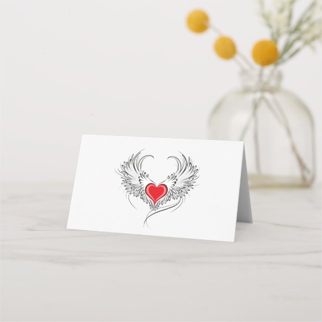 Red Angel Heart with wings Place Card (Front)