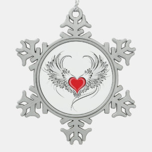 Red Angel Heart with wings Snowflake Pewter Christmas Ornament