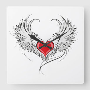 Red Angel Heart with wings Square Wall Clock