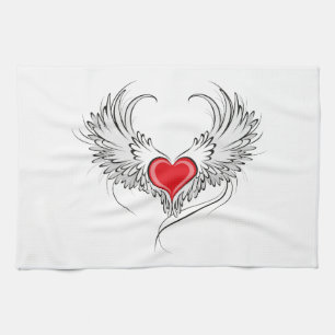 Red Angel Heart with wings Tea Towel