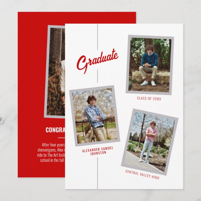 Red Angled Four-Photo Graduation Announcement (Front/Back)