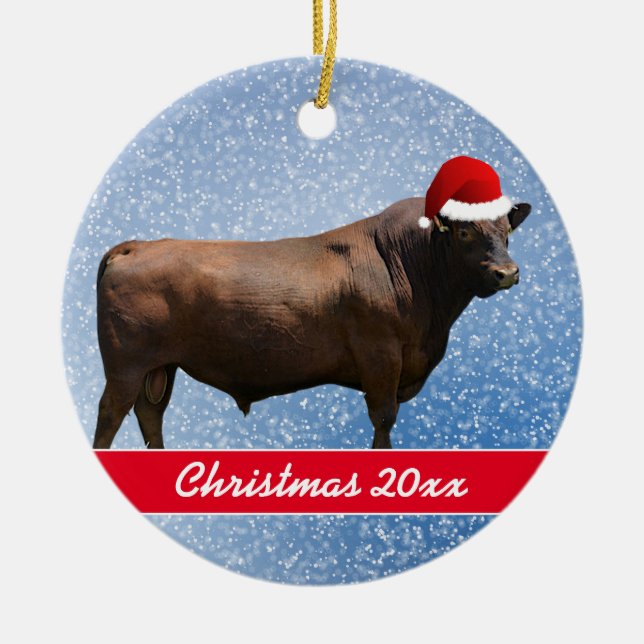 Red Angus Bull and Santa Hat Ceramic Tree Decoration (Front)