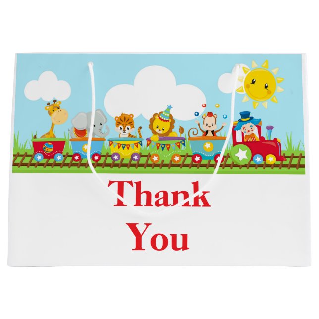 Red Animal Circus Train Kids Birthday Thank You Large Gift Bag (Front)