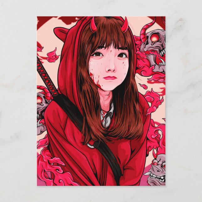 Red Anime Demon Slayer Girl Postcard (Front)