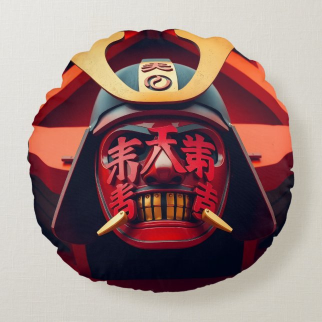 Red anime samurai mask round cushion (Front)