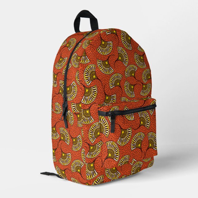 Red Ankara Fan Pattern Printed Backpack (Back Corner Left)