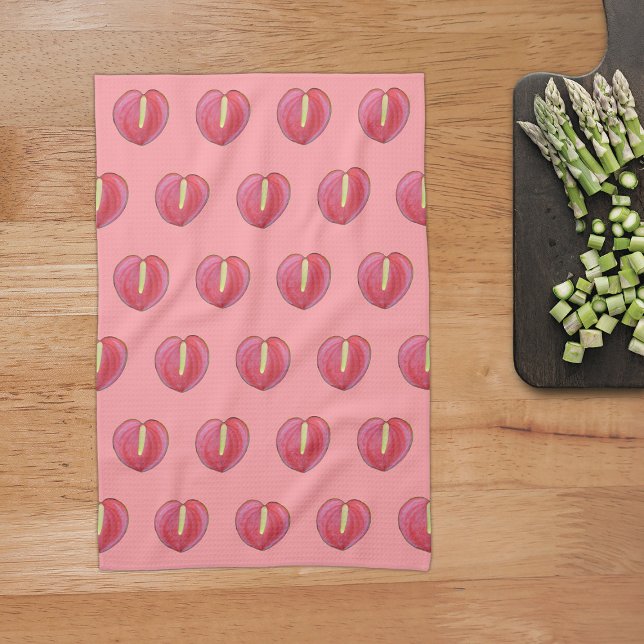 Red Anthurium Flower Seamless Pattern on Tea Towel (Red Anthurium flower seamless pattern on kitchen towel)