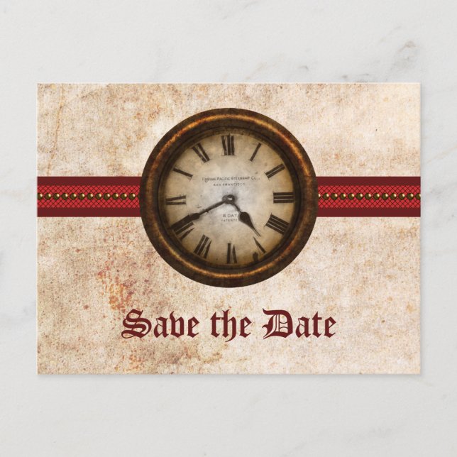 Red Antique Clock Save the Date Postcard (Front)