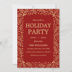 Red & Antique-Gold Holiday Party Invitation
