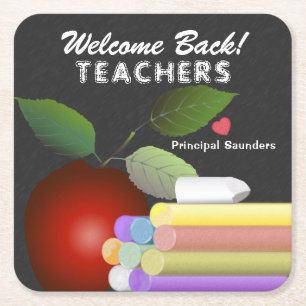 Red Apple and Chalk Teacher Appreciation Square Paper Coaster