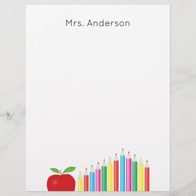 Red Apple and Coloured Pencils Teacher Custom Letterhead (Front)