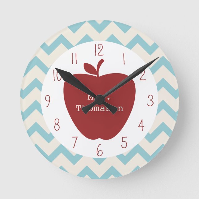 Red Apple Aqua Chevron Teacher Clock (Front)