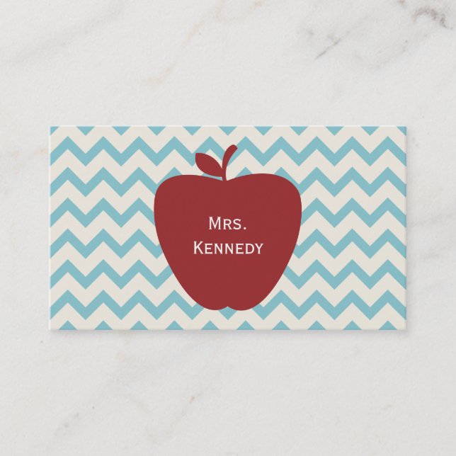 Red Apple Blue Chevron Teacher Business Card (Front)