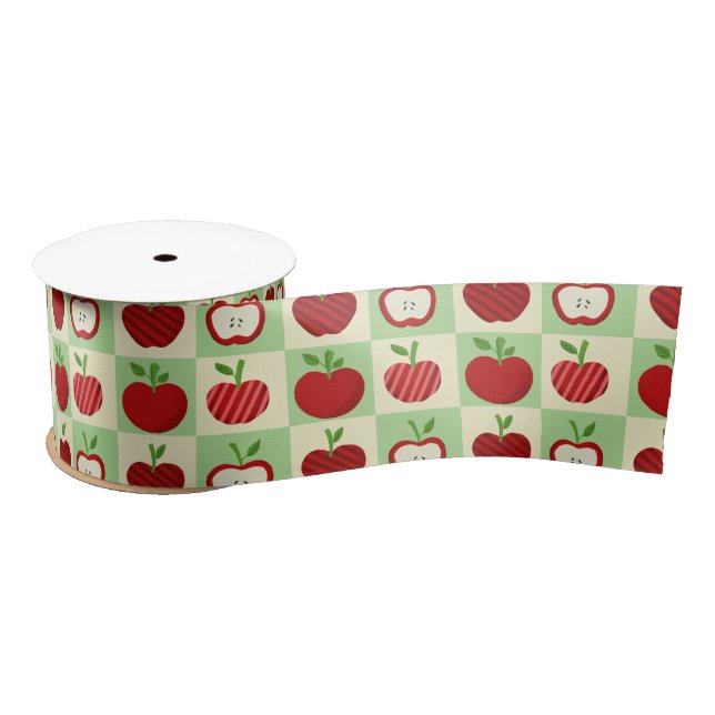 Red Apple Checkered Cute Fall Teacher Gift Wrappin Satin Ribbon (Spool)