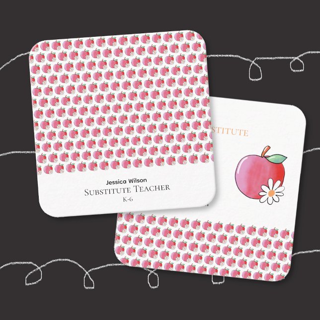 Red Apple Daisy Educator Small Square Contact Card (Red apple and daisy pattern educator small square contact card .)
