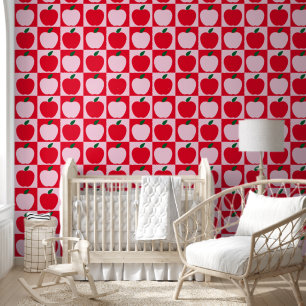 Red Apple Fruit Pattern Kids Nursery Room Wallpaper