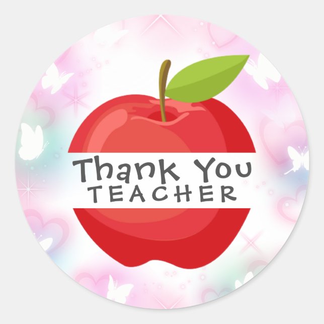Red Apple Holographic Butterfly Thank You Teacher Classic Round Sticker (Front)