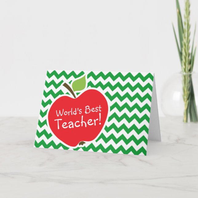 Red Apple on Retro Kelly Green Chevron Stripes Card (Front)