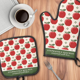 Red Apple Pattern Personalised Name Oven Mitt & Pot Holder Set
