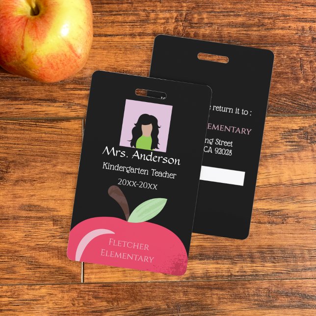 Red Apple School Staff Black Photo ID Badge (Red apple school staff vertical black photo ID badge .)
