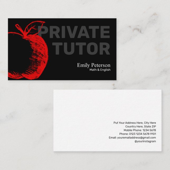 Red Apple Sketch Private Tutor Modern Black Business Card (Front/Back)