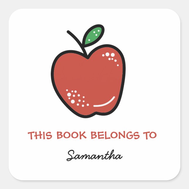 Red Apple This Book Belongs To Bookplate Square Sticker (Front)