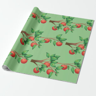 Red Apple Tree Branch Fresh Fruit and Green Leaves Wrapping Paper