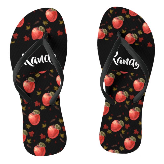 Red apples and leaves on black jandals (Footbed)