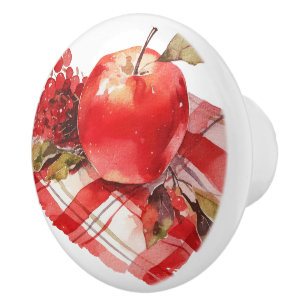 Red Apples and Red Gingham Kitchen Ceramic Knob