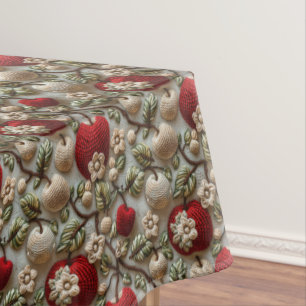Red Apples and White Bloccoms Faux Crochet  Tablecloth