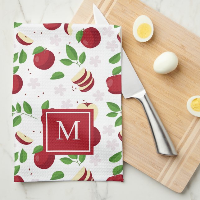 Red Apples, Blossoms Greenery Monogrammed Initial Tea Towel (Quarter Fold)
