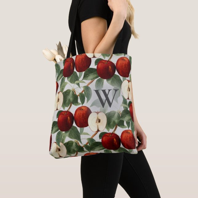 Red Apples Botanical Grey Watercolor Monogrammed Tote Bag (Close Up)