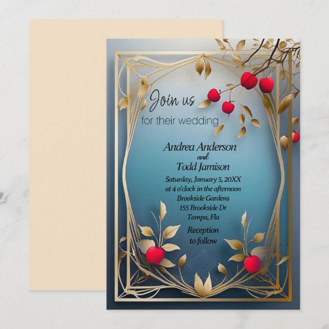Red apples gold leaves wedding invitation (Front/Back)