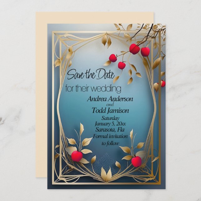 Red apples gold leaves wedding save the date (Front/Back)