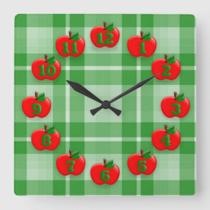 Red Apples Green Chequered Plaid Gingham Square Wall Clock